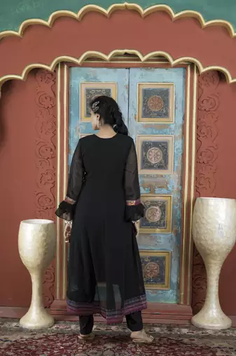 Black embroidered georgette asymmetrical kurta pants set