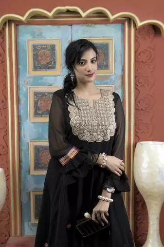 Black embroidered georgette asymmetrical kurta pants set