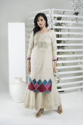 Beige embroidered silk straight cut kurta sharara set 1