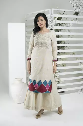 Beige embroidered silk straight cut kurta sharara set