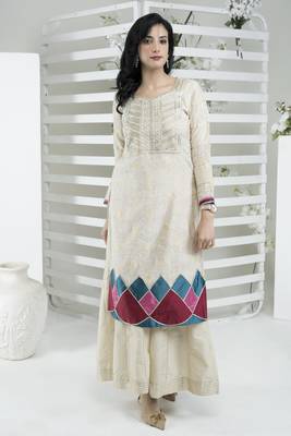 Beige embroidered silk straight cut kurta sharara set 2