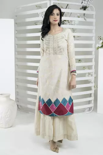 Beige embroidered silk straight cut kurta sharara set