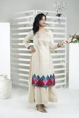 Beige embroidered silk straight cut kurta sharara set 3