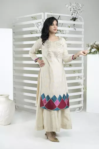 Beige embroidered silk straight cut kurta sharara set