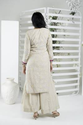 Beige embroidered silk straight cut kurta sharara set 4