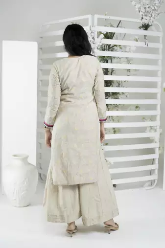 Beige embroidered silk straight cut kurta sharara set
