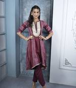 Maroon embroidered silk a line kurta pants set