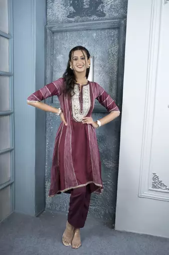 Maroon embroidered silk a line kurta pants set