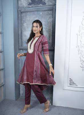 Maroon embroidered silk a line kurta pants set 3
