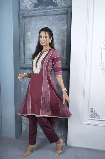 Maroon embroidered silk a line kurta pants set