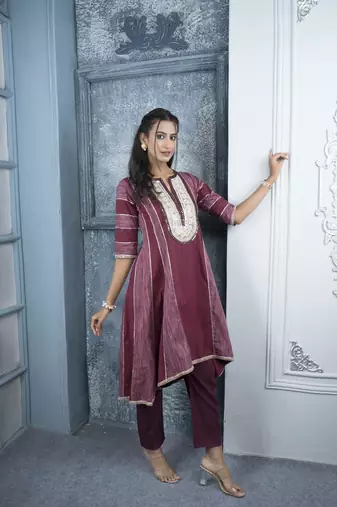 Maroon embroidered silk a line kurta pants set