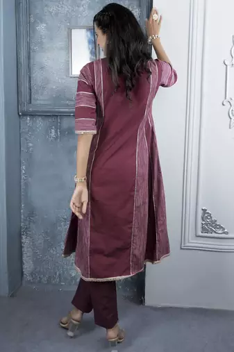 Maroon embroidered silk a line kurta pants set