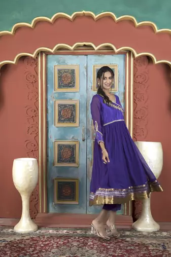 Purple embroidered georgette a line kurta pants set