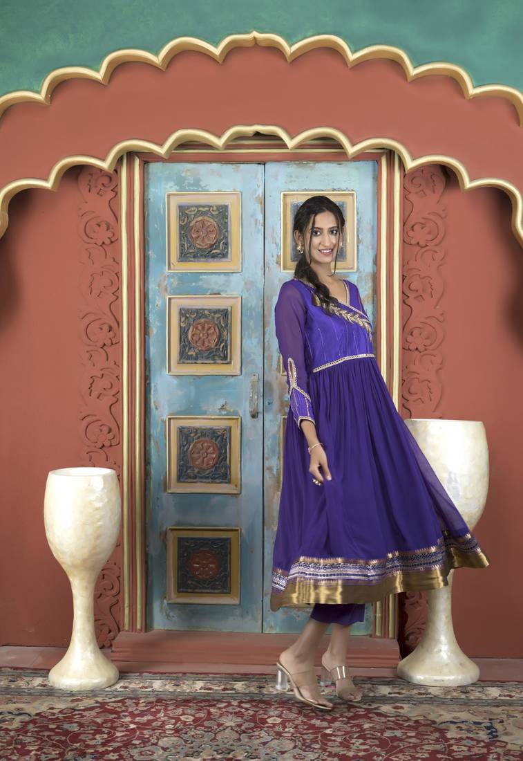 Purple embroidered georgette a line kurta pants set
