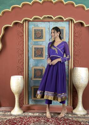 Purple embroidered georgette a line kurta pants set 2