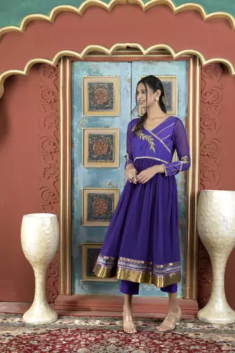 Purple embroidered georgette a line kurta pants set