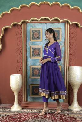 Purple embroidered georgette a line kurta pants set 3