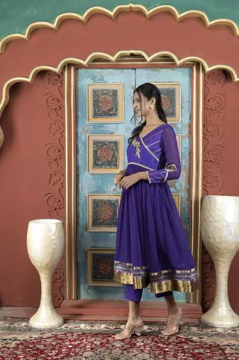Purple embroidered georgette a line kurta pants set