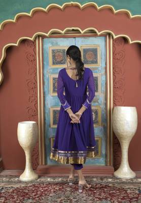 Purple embroidered georgette a line kurta pants set 4