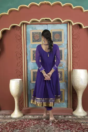 Purple embroidered georgette a line kurta pants set