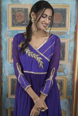 Purple embroidered georgette a line kurta pants set 5
