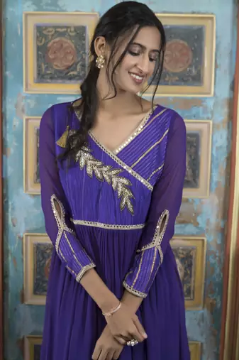 Purple embroidered georgette a line kurta pants set