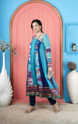 Blue embroidered georgette asymmetrical kurta pants set 1