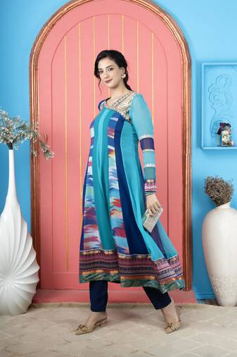 Blue embroidered georgette asymmetrical kurta pants set