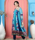 Blue embroidered georgette asymmetrical kurta pants set