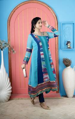 Blue embroidered georgette asymmetrical kurta pants set 2