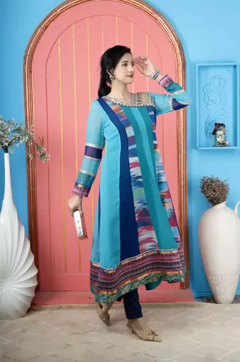 Blue embroidered georgette asymmetrical kurta pants set