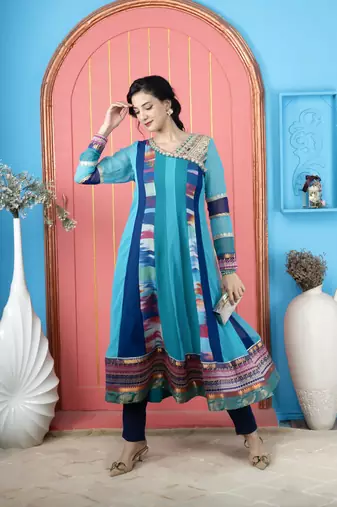 Blue embroidered georgette asymmetrical kurta pants set