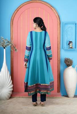 Blue embroidered georgette asymmetrical kurta pants set 4