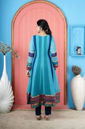 Blue embroidered georgette asymmetrical kurta pants set