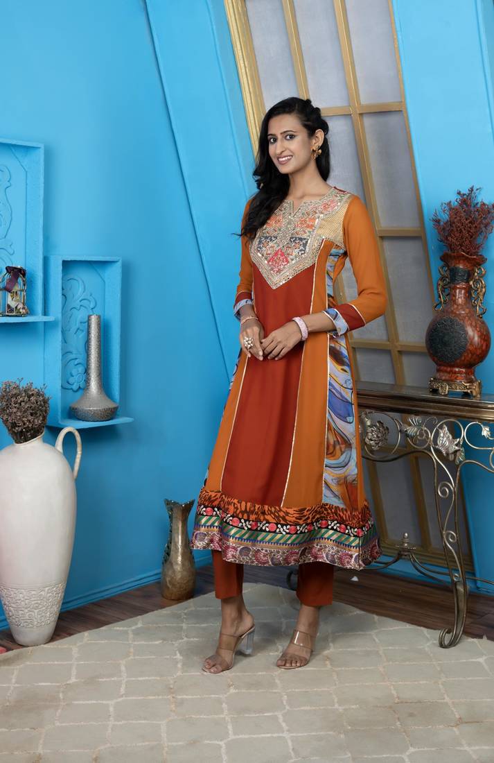 Brown embroidered georgette anarkali kurta pants set