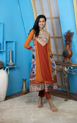 Brown embroidered georgette anarkali kurta pants set 2