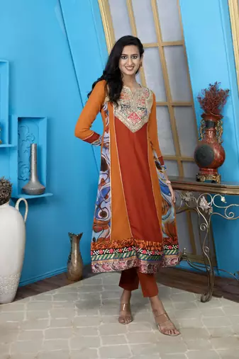 Brown embroidered georgette anarkali kurta pants set