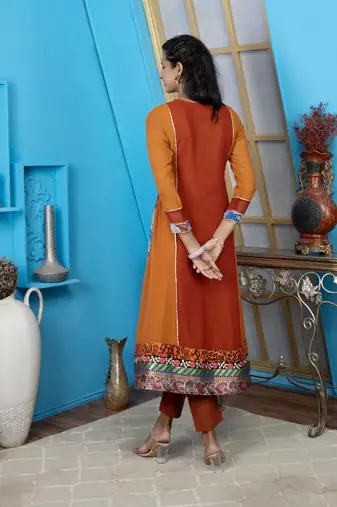 Brown embroidered georgette anarkali kurta pants set