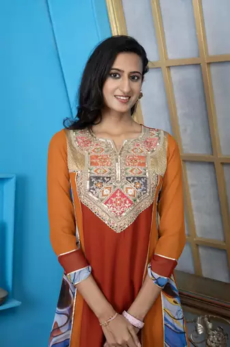 Brown embroidered georgette anarkali kurta pants set