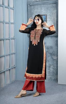 Black embroidered georgette straight cut kurta culottes set 1