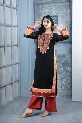 Black embroidered georgette straight cut kurta culottes set
