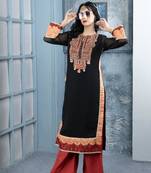 Black embroidered georgette straight cut kurta culottes set