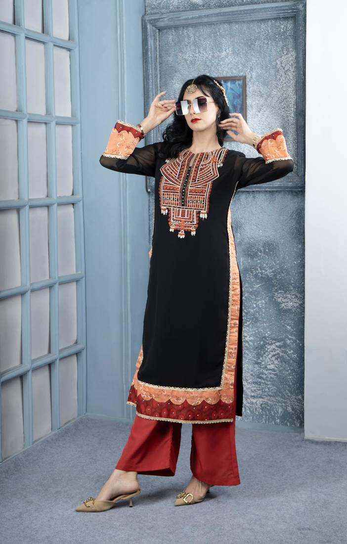 Black embroidered georgette straight cut kurta culottes set