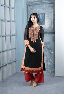 Black embroidered georgette straight cut kurta culottes set 3