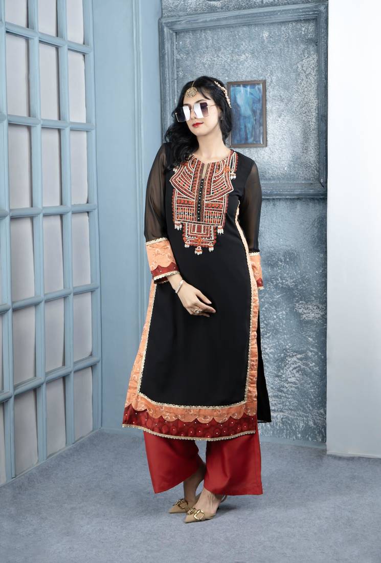Black embroidered georgette straight cut kurta culottes set