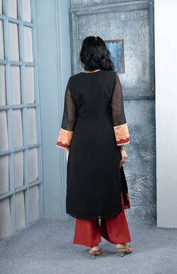 Black embroidered georgette straight cut kurta culottes set 4