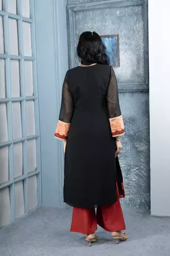 Black embroidered georgette straight cut kurta culottes set