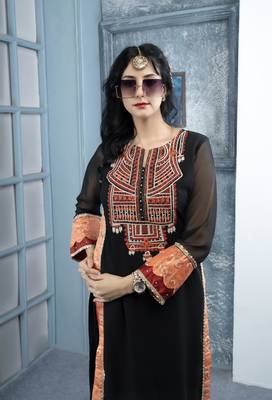Black embroidered georgette straight cut kurta culottes set 5