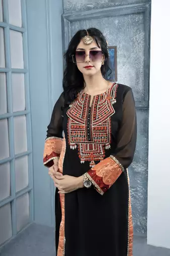 Black embroidered georgette straight cut kurta culottes set