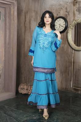 Blue embroidered georgette straight cut kurta sharara set 1